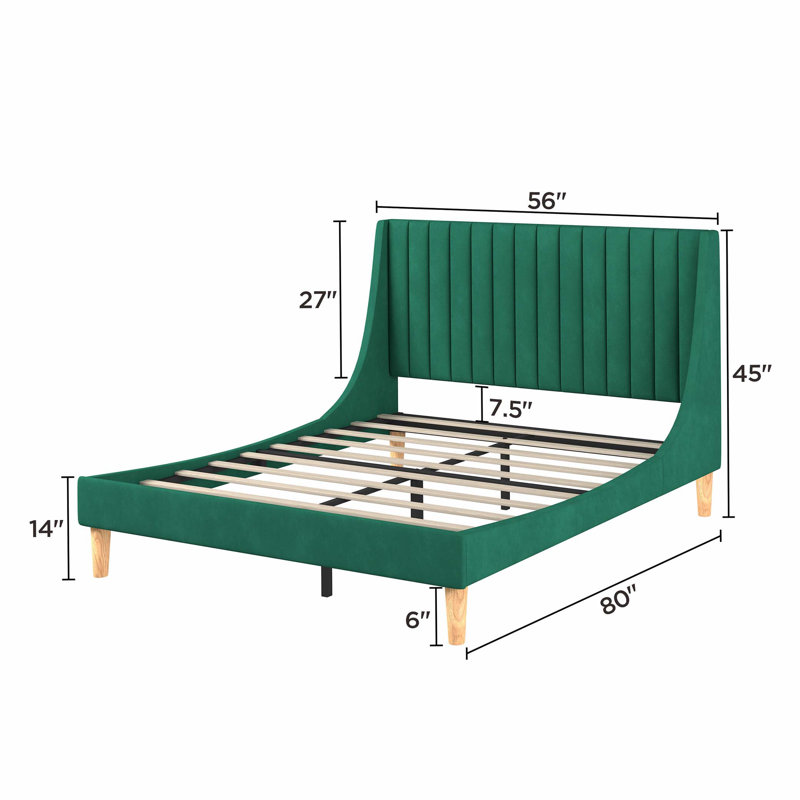 Structure de lit avec tête de lit tapissier et support en lattes de bois, vert, Double