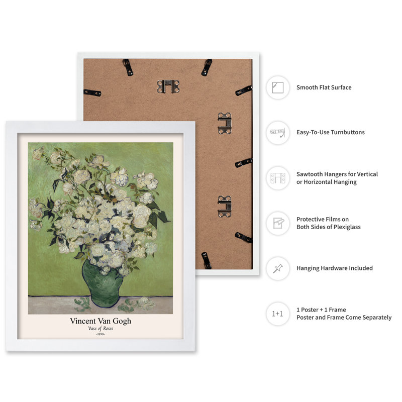 Van Gogh - Vase de roses, Affiche, Encadrement blanc, H 11 po x l 14 po