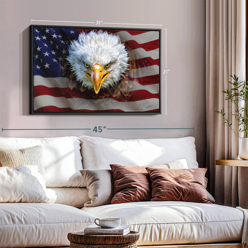 "Aigle à tête blanche sur un drapeau américain", H 21 po x l 31 po