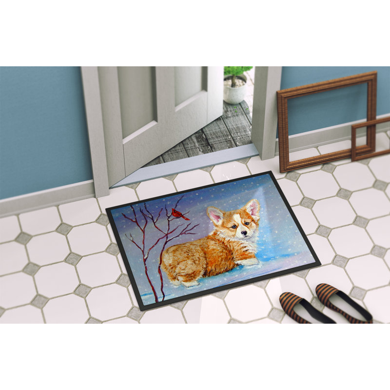 Tapis de porte pour l’extérieur anti-dérapant corgi pup snow cardinal, Rectangle 1 pi 6 po x 2 pi 3 po