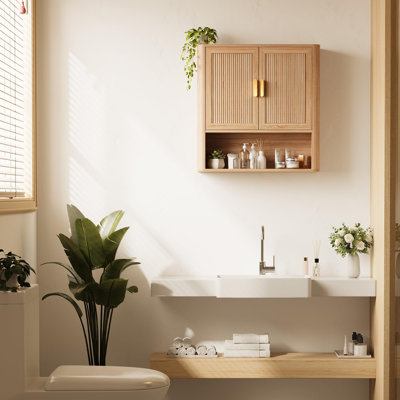 Armoire à pharmacie de salle de bain avec tablettes et portes réglables en bois, armoire de rangement au-dessus de la toilette