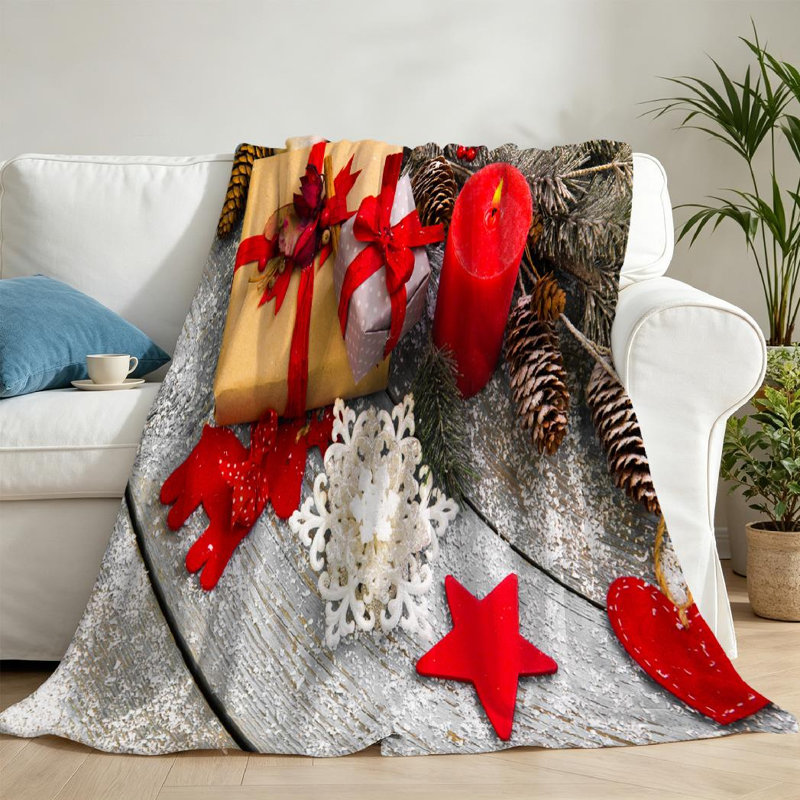 Jeté en molleton rouge ultra doux, décoration de Noël en bois imprimé recto, Jeté 50 po x 60 po