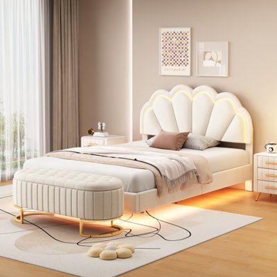 2Pieces Bedroom Sets Full Size Upholste LED Platform Bed with Storage OttomanVelvet