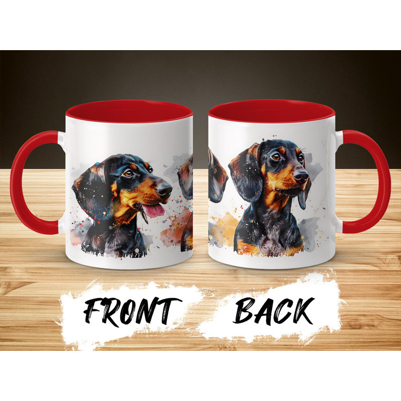 11oz Watercolour Dachshund Design Coffee Mug, 2, Red