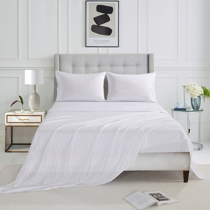 3/4 Pcs Luxury Striped Bed Sheets Set, White, Twin Sheet Set with 1 Pillowcase