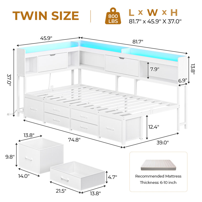 Corner Daybed Frame with 6 Drawers and Storage Bookcase Daybed with Charging Station and LED Lights, White, Twin