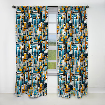 Blue Industrial Matrix Geometric Reflections I - Abstract Velvet Blackout Curtain - 1 Panels