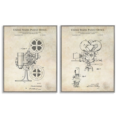 Vintage Movie Camera Cinema Projector Patent Diagram 2pc White Framed Giclee Texturized Art Set by Karl Hronek