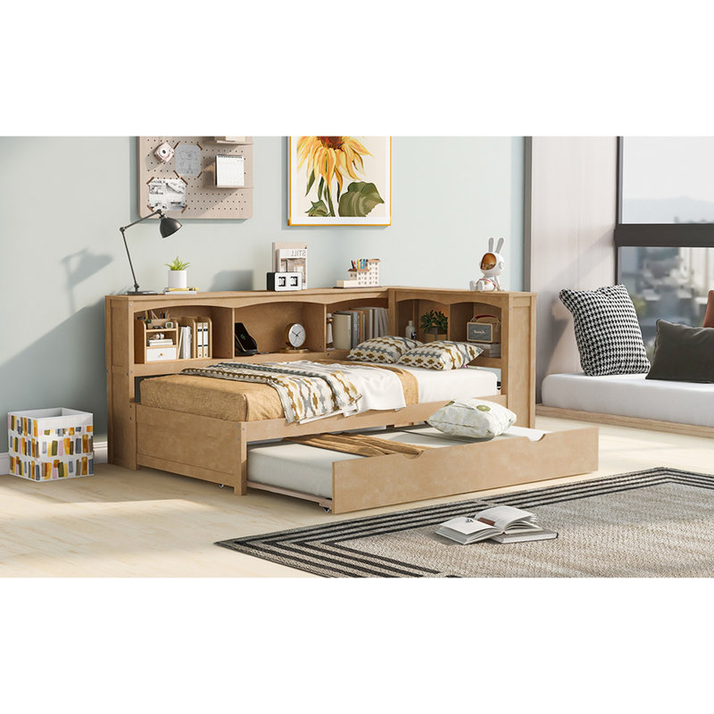Lit de jour simple avec rangement et charge - gigogne en bois, Brun