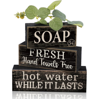 4 Pcs Wooden Bathroom Block Signs, Farmhouse Shelf Decor | Stackable Tiered Tray Pieces with Vintage Sayings, Rustic Bathroom Shelf Accents, Distressed Black Wood Tabletop Display