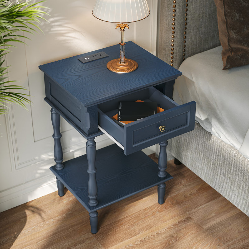 25'' Tall 1- Drawer End Table with Built-in Charging Outlets(set of 2), Minimal Assembly Needed, Blue, 2