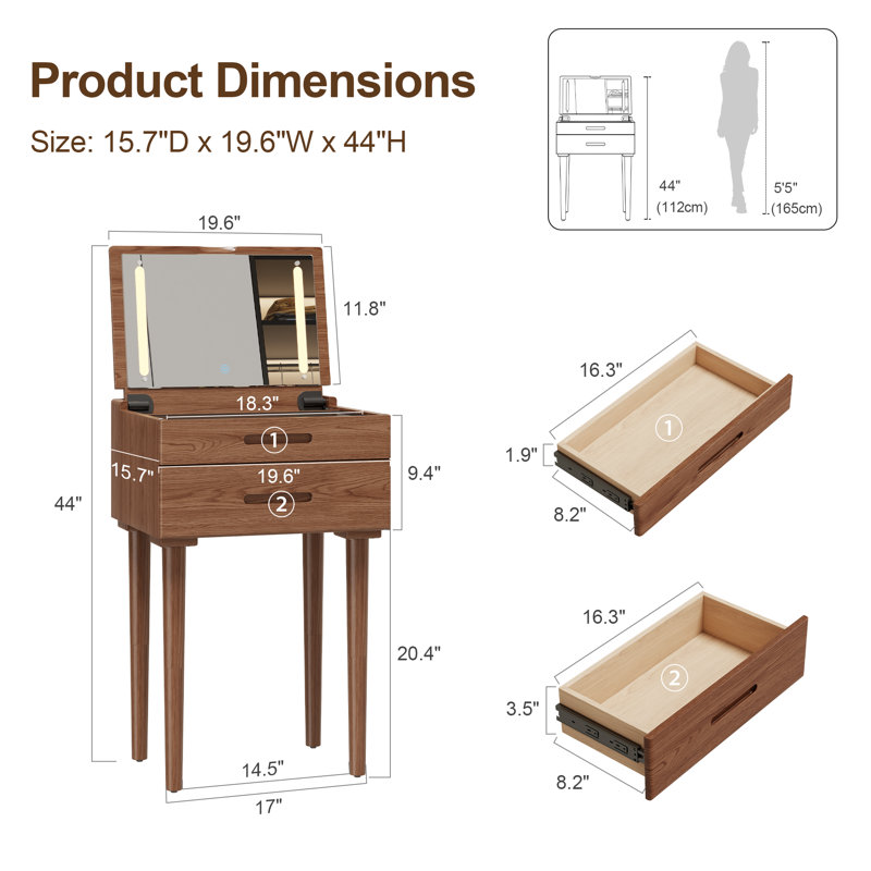 Anita Aevah Solid Wood Flip Top Makeup Vanity Desk with Mirror & Lights, Drawers, 3 Light Modes Adjustable Brightness, Brown