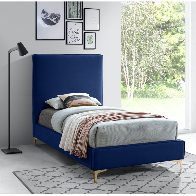 Upholstered Platform Bed, Twin, Navy Velvet