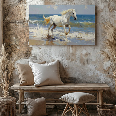 Toile galopant, cheval blanc sur le rivage