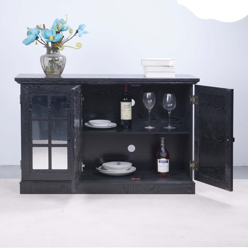 Buffet d'armoire de rangement, 3 portes en miroir en acrylique, tablettes réglables, stratifié décoratif noir, buffet en panneau de fibres à densité moyenne avec porte magnétique pour le salon, cuisine