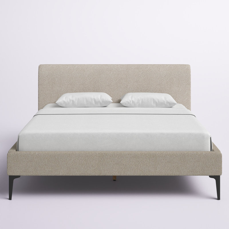 Beige King Upholstered Platform Bed with Wood Frame