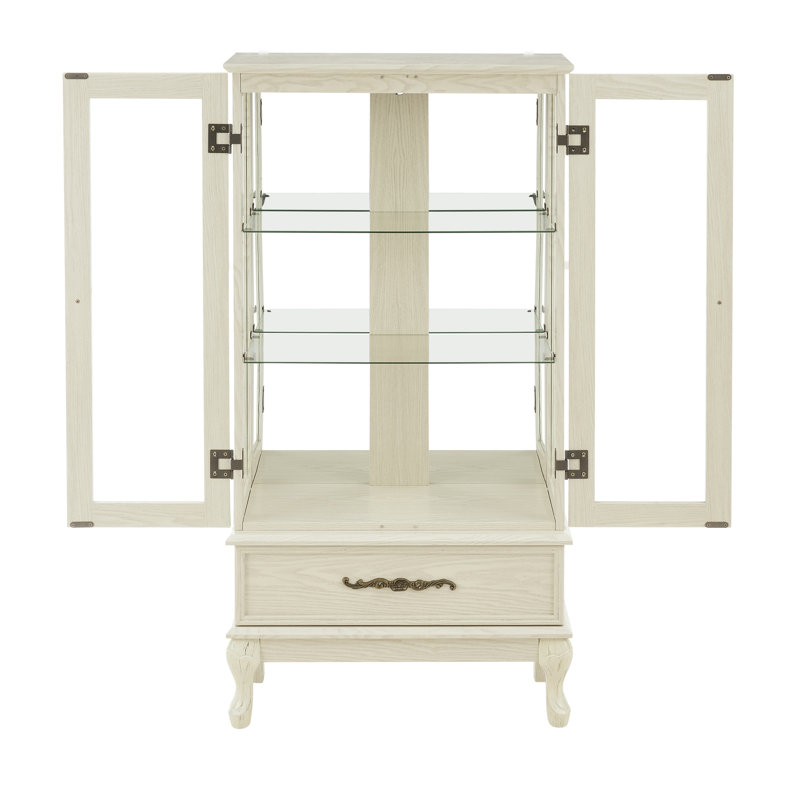 Armoire vitrine vitrée avec tablettes réglables en verre 2 portes et 1 tiroir armoire avec ampoule incluse, Blanc antique