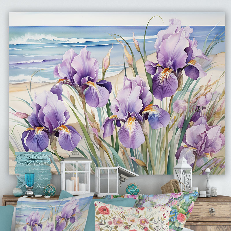 Iris mauves sur la plage sur toile, H 24 po x l 32 po x P 1 po, Toile tendue