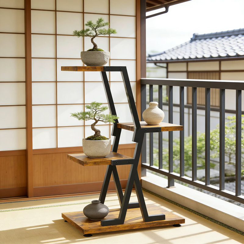 Support pour plante d'intérieur robuste avec cadre en métal renforcé et tablettes en bois, tablette à fleurs verticale à plusieurs niveaux pour les grands pots de fleurs, conception de coin peu encombrante pour le patio et la décoration intérieure