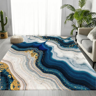 Tapis abstrait en agate abstraite bleu, blanc et or, motif veiné de cristal naturel unique, tapis antidérapant doux et durable lavable à la machine, décoration intérieure moderne et élégante pour le salon, la chambre à coucher, l'entrée, la cuisine, le balcon et l'appartement