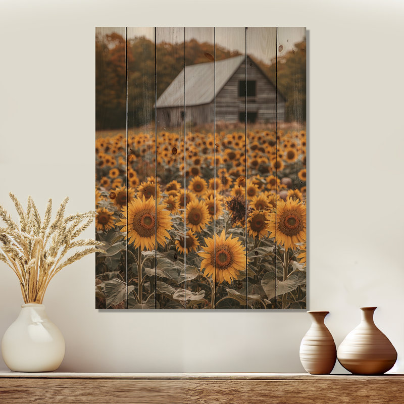 Sunflowers And The Pigsty Barn II - Sunflowers Wood Wall Decor - On Natural Pine Wood, 32" H x 24" W x 0.78" D