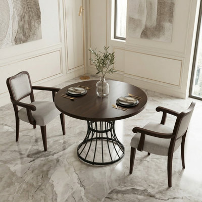 3-Piece 42'' Modern Round Dining Set with Wood Top and 2 Upholstered Armchairs, Metal Pedestal Base for Small Spaces