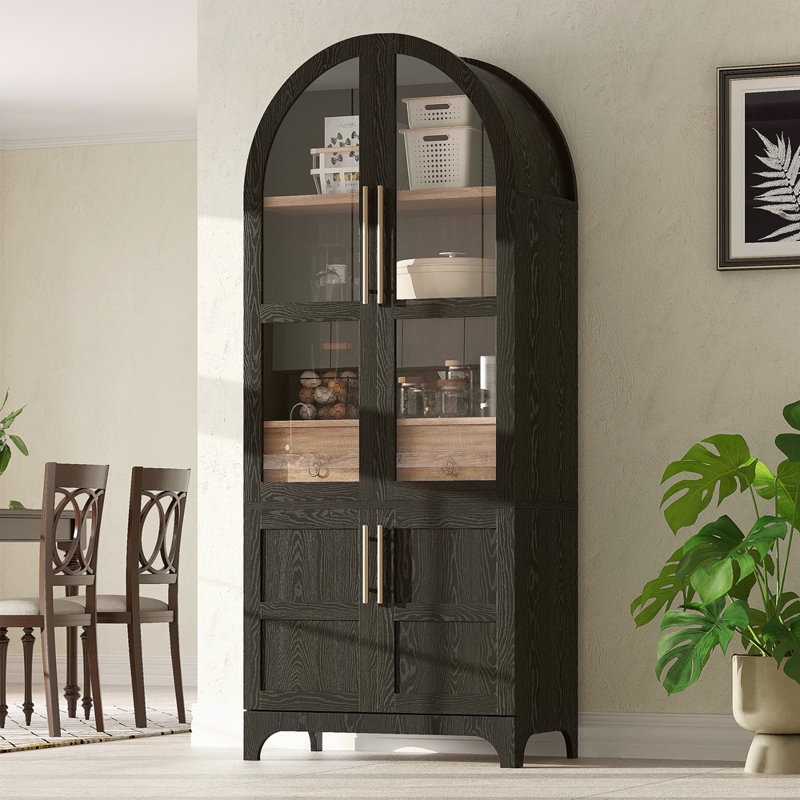 71" Tall Arched Kitchen Pantry Cabinet With Door Shelves, Farmhouse Kitchen Storage Cabinet With Open & Adjustable Shelves, Hidden Drawer & Glass Door, Cupboard For Kitchen, Dining Room