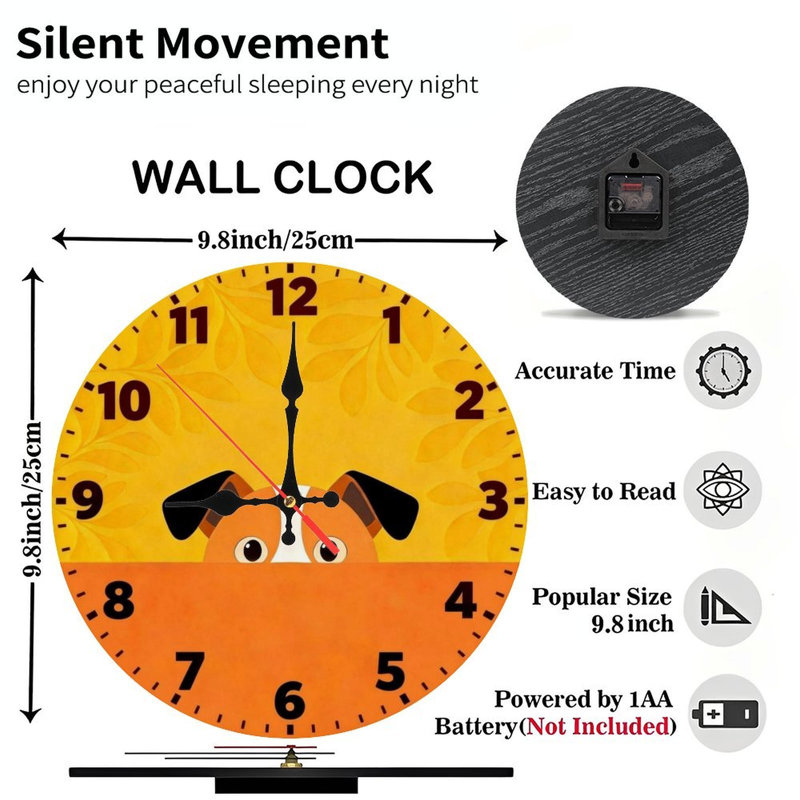 10" Round Wooden Wall Clock, Silent Quartz Movement, UV-Printed Design, Battery Operated, Puppy