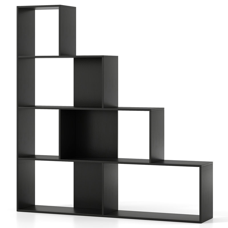 4-Tier Bookshelf w/ 6 Storage Cubes 64'' Tall Modern Geometric Stair Bookcase, 1