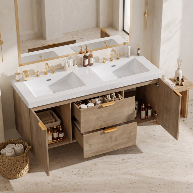 Meuble-lavabo suspendu double de 59,3 pouces avec poignées dorées