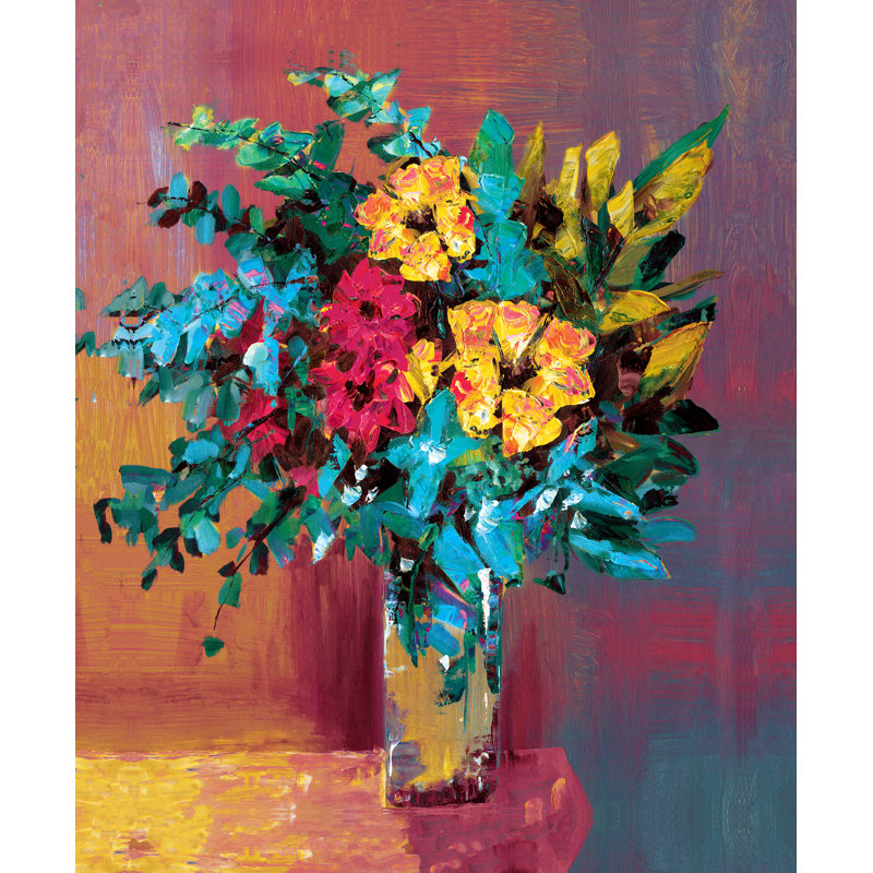 Bright Coloured Bundle of Flowers in Vase - Painting Print, 30cm H x 20cm W, Black Floater Framed