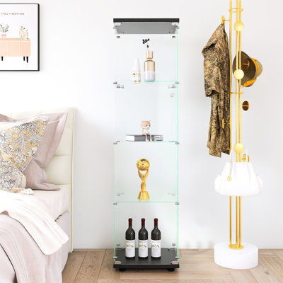 Vitrine noire en verre, 64,7 po x 16,7 po x 14,3 po, 4 tablettes, sur pied, pour présenter des souvenirs de sport avec porte et un bureau de 64,7 po x 16,7 po x 14,3 po