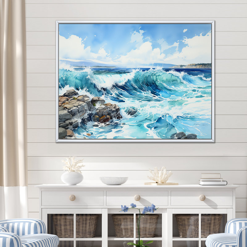 Océan bleu en mouvement, impression sur toile, Cadre flottant blanc, H 12 po x l 20 po x P 1 po