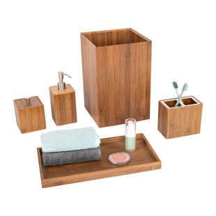 Bamboo Bath Accessories-5-Piece Set Natural Wood Tray, Lotion Dispenser,  Soap Dish, Toothbrush Holder, Wastebasket-Bathroom and Vanity by Lavish Home