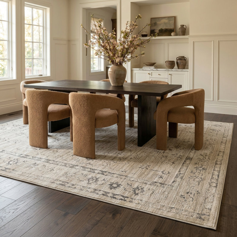 Tapis d'intérieur lavable oriental Eloria de Rug Branch, 244 x 335 cm, beige. Tapis moderne résistant aux taches, idéal pour le salon, la chambre à coucher, la salle à manger, la cuisine et le bureau.