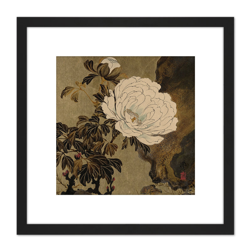 Zeshin Peonies Flower Japanese Laquer by Shibata Zeshin - Single Picture Frame Painting