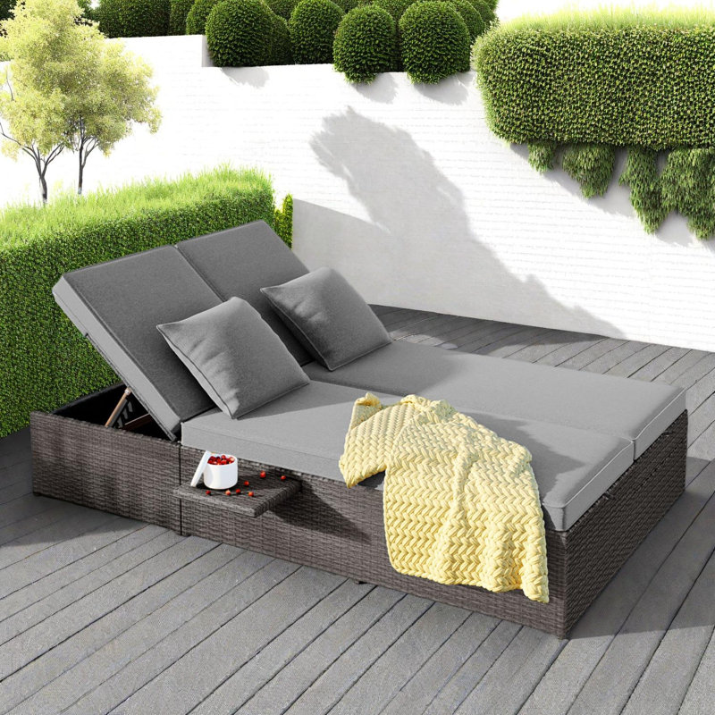 Outdoor Double Sunbed Wicker Rattan Patio Reclining Chairs with Adjustable Backrest and Seat for 2 Person, Brown
