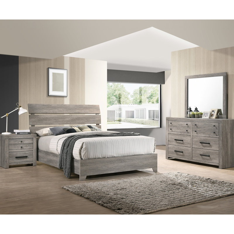 Grand lit moderne avec finition grise patinée rustique et tête de lit courbée, article de décoration de chambre à coucher, cadre en bois, aspect transitionnel, aucun sommier tapissier requis, cadre contemporain facile à assembler