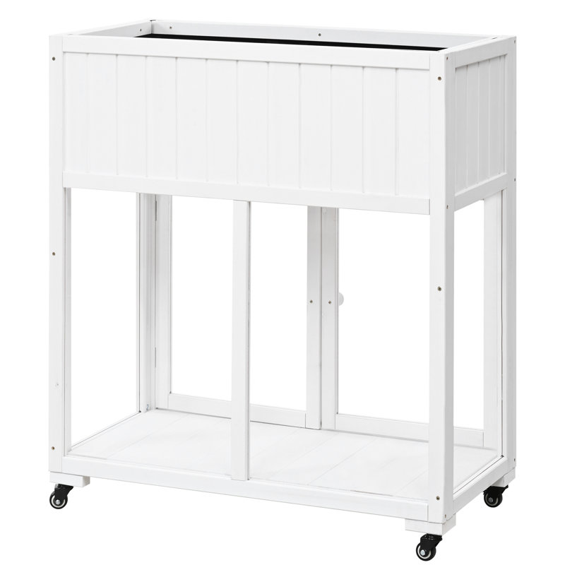 White Mini Cold Frame For Indoor Gardens, 35.4''X17.7''X37.4'', 2 Doors Greenhouse With Wheels And Raised Bed Liner Flower Growth,