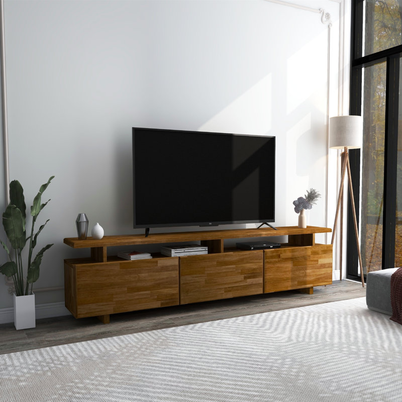 Houa Solid Pine Wood TV Stand for TVs up to 75" with 3 Cabinets & 4 Open Shelves, Walnut