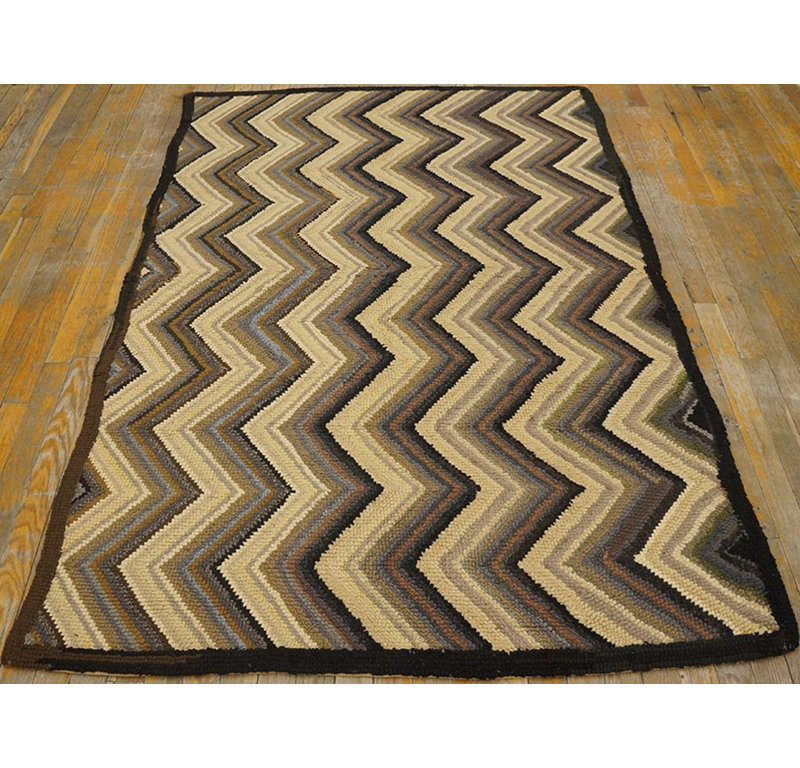 Tapis crocheté en laine à tissage plat américain rétro des années 1960 Zig Zag 4 pi x 6 pi