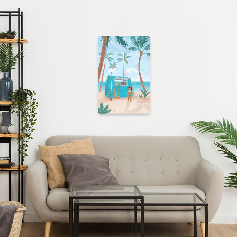 Affiche murale estivale abstraite et colorée avec palmier et flamant rose, style côtier, H 24 po x l 16 po