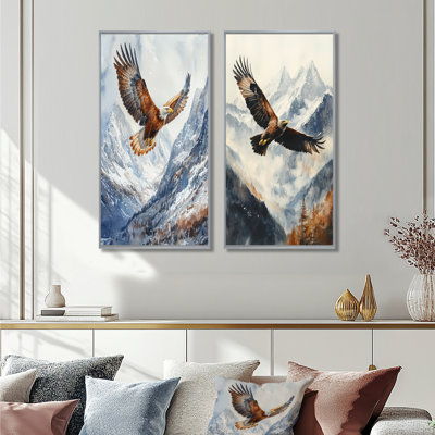 Brown Eagle Flying Over Mountains I - Animals Wall Art 2 Pieces