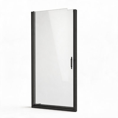 Porte de douche pivotante demi-cadre en aluminium noir mat de 71 cm x 183 cm, avec verre trempé de 6 mm, film anti-explosion et poignée en acier inoxydable.
