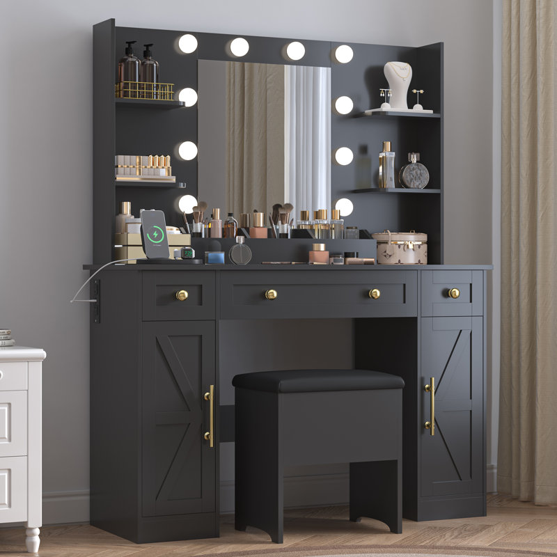 Fraydoun Vanity Makeup Vanity Set 42.5''W, 5 Drawers, 6 Shelves, Adjustable LED Lights Mirror & Charging,Farmhouse Style