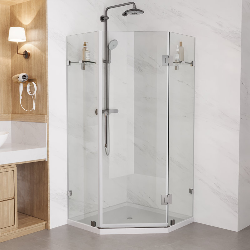 Cabine de douche réversible sans cadre avec tablettes en verre intégrées l 34 po x P 34 po x H 73 po