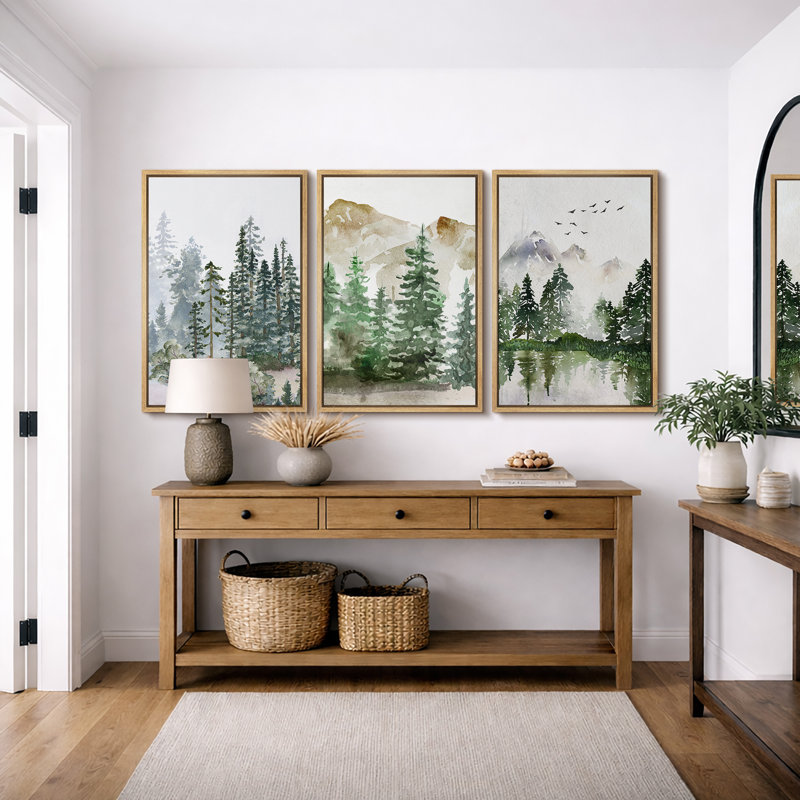 «Woodland Forest Landscape», œuvre d'art de pin vert naturel, peinture murale de salon moderne et rustique, ensemble de 3 impressions sur toile encadrées, "16" x 24 "x 3 pièces, 24" x 36 "x 3 pièces, 20" x 60 "x 3 pièces