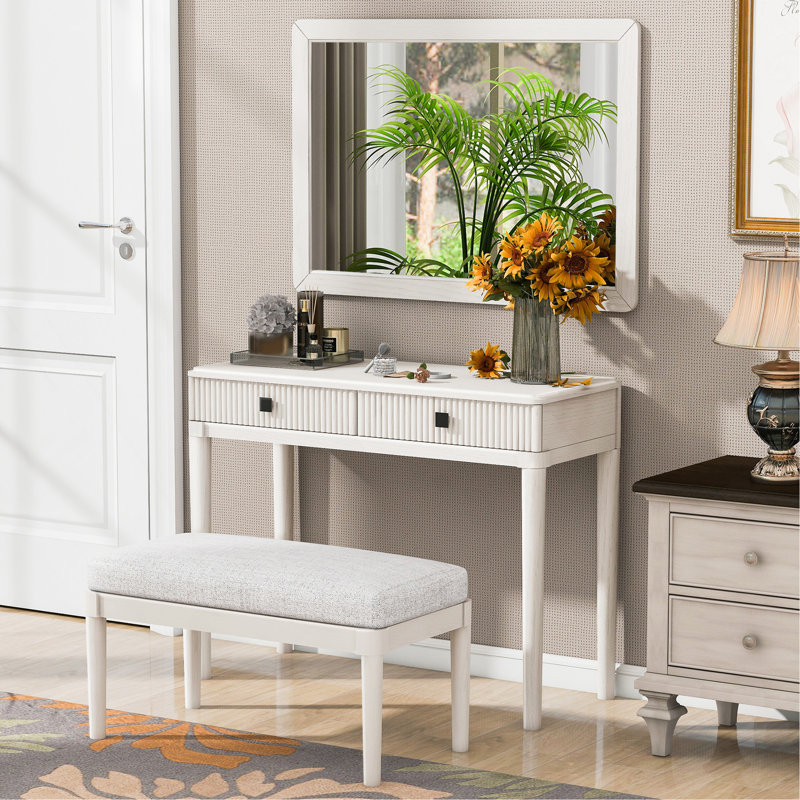 Bureau de coiffeuse moderne avec miroir, ensemble de table de maquillage pour adultes avec tabouret, bureau à domicile, 2 grands tiroirs, blanc