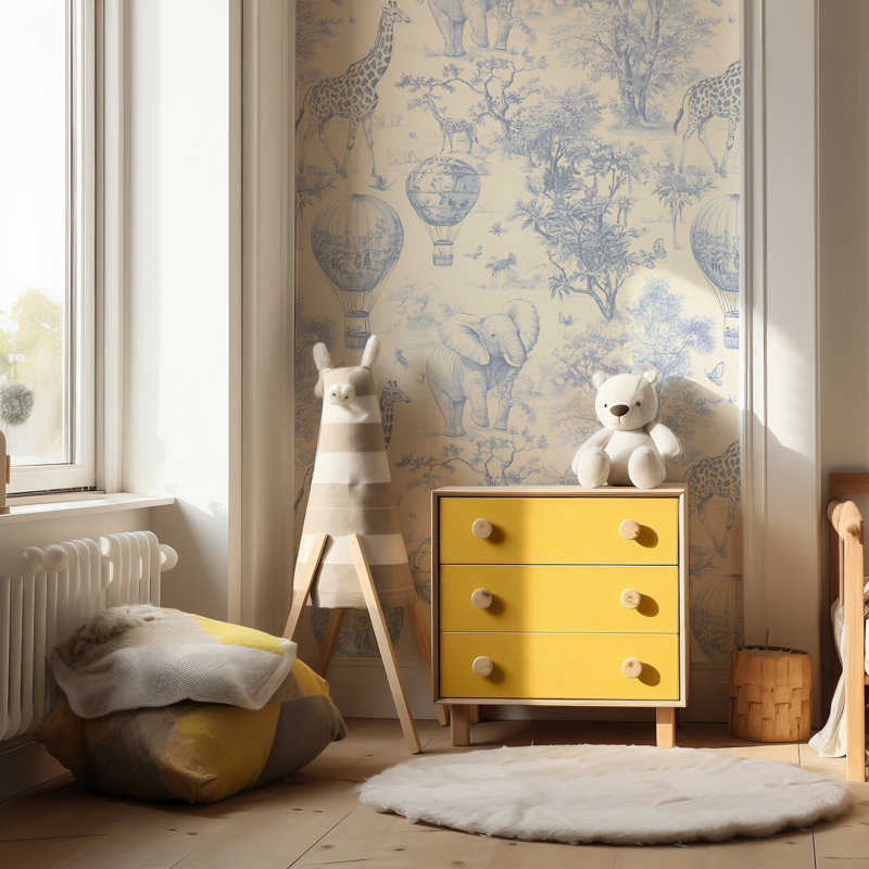 Papier peint animaux bleu Toile Safari | Murale peler et coller pour chambre de bébé | Décoration murale amovible pour enfants
