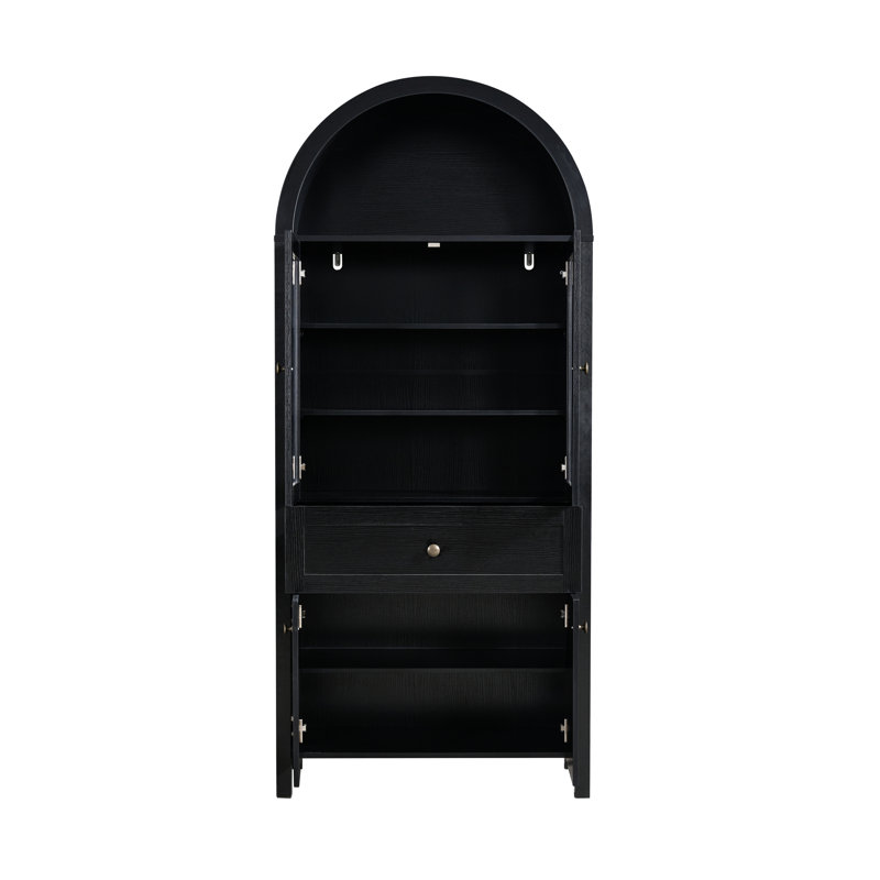 Armoire autoportante noire, matériau en bois d'ingénierie, convient à l'espace de vie principal, utilisation polyvalente comme rangement et présentation, belle conception en arche